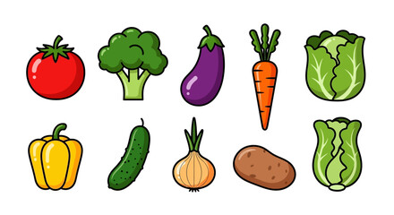 Collection of fresh, healthy vegetables including tomatoes, broccoli, eggplant, carrots, cabbage, bell peppers, cucumbers, onions, and potatoes