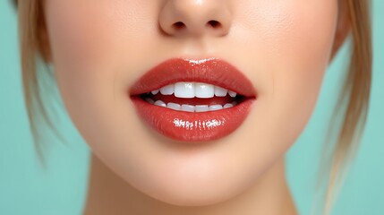 Fototapeta premium Close-up of Beautiful Female Lips with Glossy Red Lipstick and Perfect White Teeth on Mint Green Background