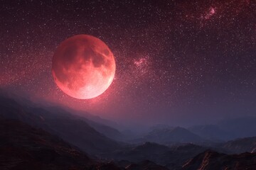 Red blood moon setting over an alien mountain landscape