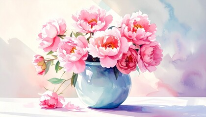 Obraz premium bouquet with pink flowers in a blue vase, watercolor closeup illustration 