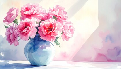 Obraz premium bouquet with pink flowers in a blue vase, watercolor closeup illustration 