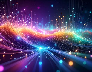 Abstract vibrant illustration of glowing light strings with particles
