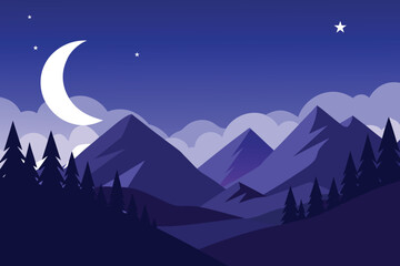 Flat design night landscape with crescent moon and stars over mountains