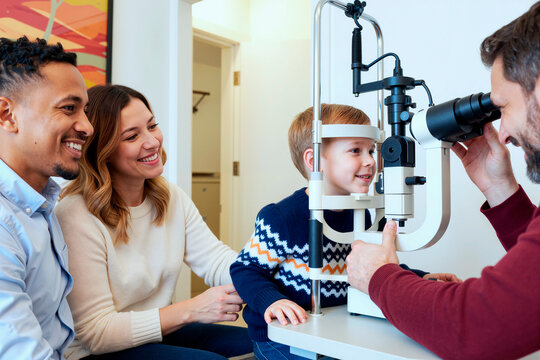 Caucasian boy sitting at ophthalmology device receiving eye exam from male optometrist while smiling parents, young Caucasian woman and young Black man, watching and supporting nearby - Powered by Adobe