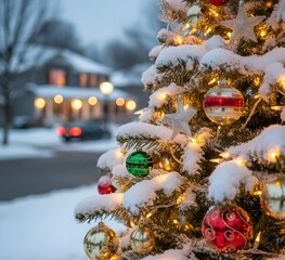 christmas tree decorations closeup suburban street oudoors view blurred