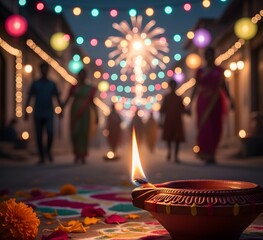 Closeup of Diwali holiday flame with blurred bokeh festive indian street background