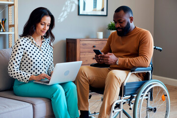 Middle Aged Caucasian woman using laptop sitting on sofa next to Black man with disability in wheelchair using smartphone in modern living room, both focused on digital devices