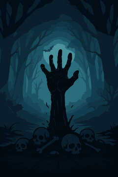 Zombie Hand Rising from Grave with Skulls in Dark Spooky Forest &ndash; Horror Halloween Illustration