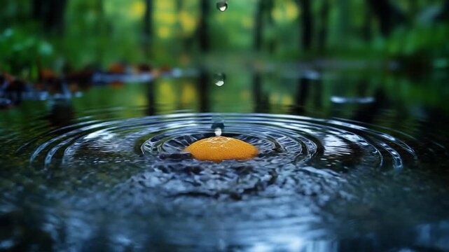 Raindrops creating ripples on a puddle with a floating leaf in a lush green forest.