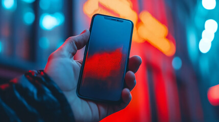 A hand holds a smartphone with a red warning on the screen against the background of a night city.
Can be used in articles about cybersecurity, digital threats,  