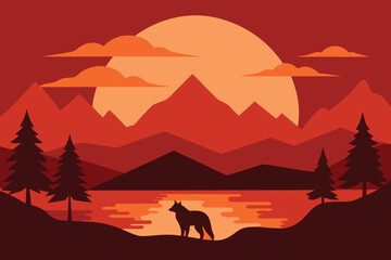 Lone wolf silhouetted against a fiery sunset over mountains and lake