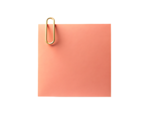 A single pink sticky note with a gold paperclip attached isolated on transparent background