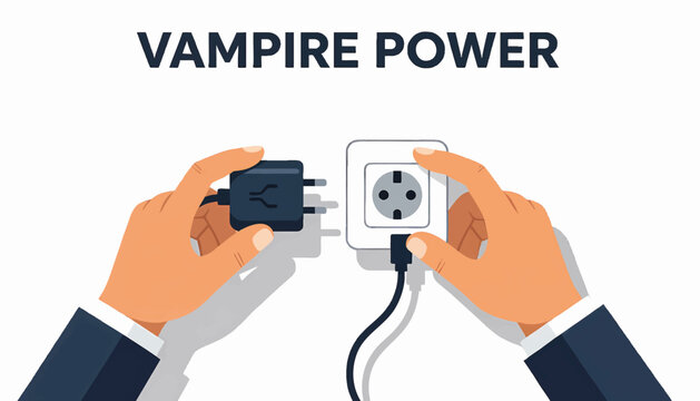 Vampire power concept showing hands unplugging a charger from a wall socket. Energy saving and electricity conservation flat vector illustration.