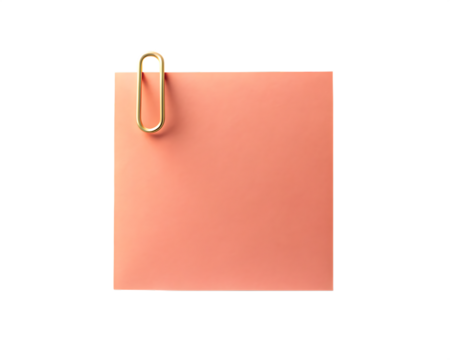 A single pink sticky note with a gold paperclip attached isolated on transparent background - Powered by Adobe