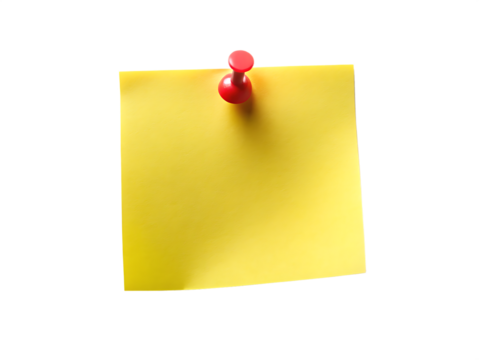 A bright yellow sticky note with a red pushpin attached isolated on transparent background