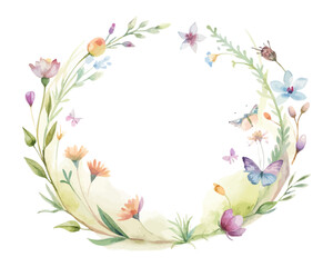 Wildflower Watercolor Circle Frame with Butterflies isolated on white background
