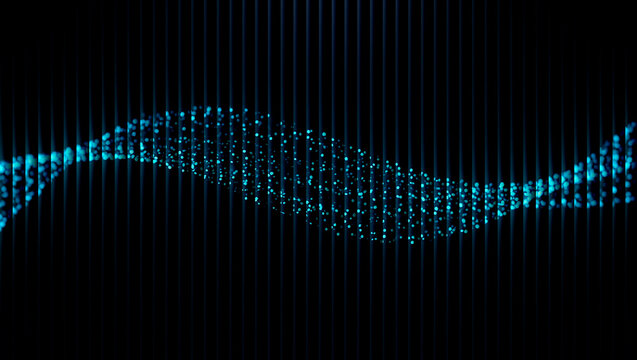 Abstract blue wave of particles behind vertical lines on a black background creates a modern design 3d illustration, 3d abstract background