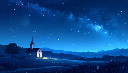 A church bathed in the glow of the night stars. Under a vast sky, a church stands beneath sparkling stars. A calm and clear night sky with a distant church