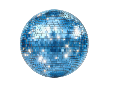 Vibrant blue disco ball for party with shiny light reflection and glitter. festive object perfect for music, dance and celebration, isolated on transparency background