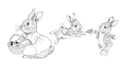 A rabbit in a dress and baby rabbits in jackets. Vector illustration