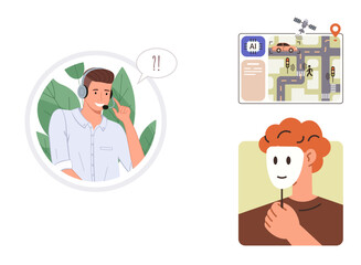 Customer service agent with headset, AI-powered navigation map, and person holding smiling mask. Ideal for AI, ethics, customer service, navigation, privacy identity human interaction. Simple flat