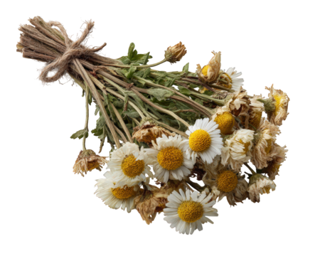 Rustic dried daisy bouquet of withered chamomile flowers tied with natural twine. vintage and nostalgic feeling from fragile beauty of preserved memory