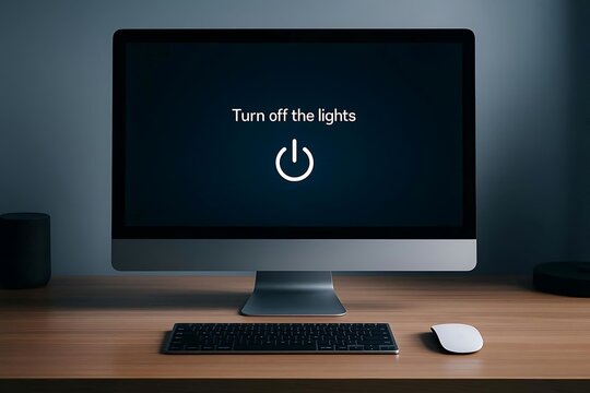 Computer screen displays power off symbol and text in dim lighting
