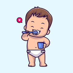 Cute Baby Boy Brushing Teeth Cartoon