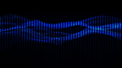 A wavy pattern of vertical blue lines against a black background with scattered light points 3d illustration, 3d abstract background