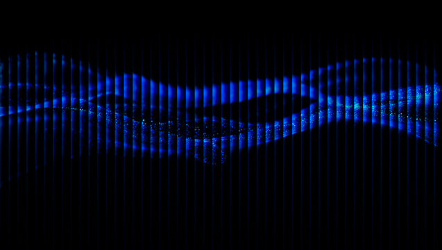 A wavy pattern of vertical blue lines against a black background with scattered light points 3d illustration, 3d abstract background