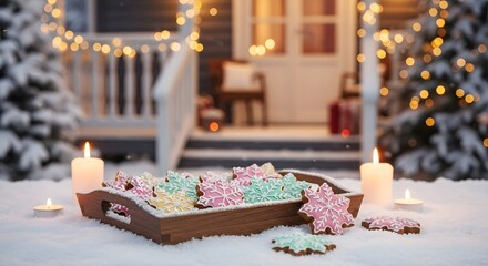 Snowflake cookies on a tray with candles in front of a house at christmas