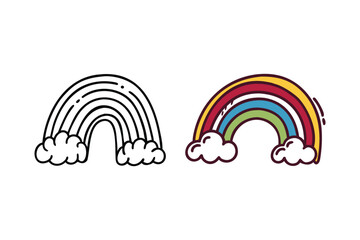 A colorful rainbow alongside its black and white line art version
