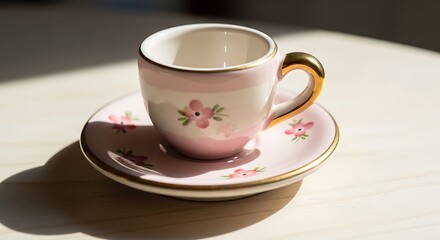 Fototapeta premium Delicate pink teacup and saucer with floral design in warm sunlight