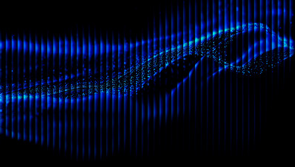 Abstract blue light pattern with vertical lines and particle stream on dark background design effect 3d illustration, 3d abstract background