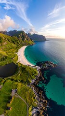 An aerial view of a beautiful sandy beach with turquoise water
