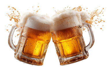 Two mugs of beer toasting isolated on transparent background, with frothy foam and splashing liquid, celebrating friendship and good times