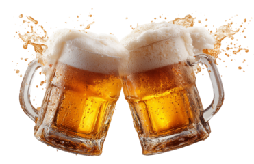 Two mugs of beer toasting isolated on transparent background, with frothy foam and splashing liquid, celebrating friendship and good times