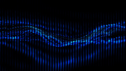 Abstract blue light pattern with vertical lines and a wavy stream of particles in the dark 3d illustration, 3d abstract background
