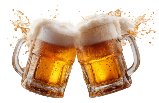Two mugs of beer toasting isolated on transparent background, with frothy foam and splashing liquid, celebrating friendship and good times