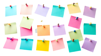 A colorful collection of sticky notes pinned to a dark surface isolated on transparent background