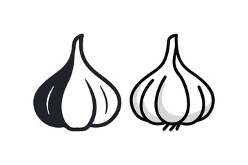 Simple black and white illustration depicting two heads of garlic bulbs