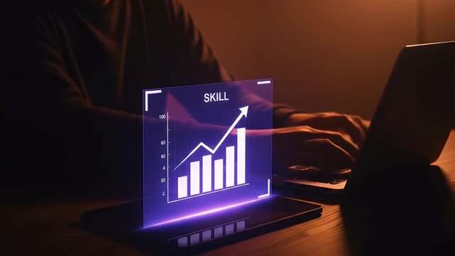 Up skill and personal development concept. employee pointing arrow to upskill or reskill, kill training, education, learning, ability, knowledge and competency for digital transformation.