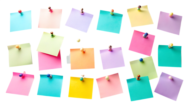A colorful collection of sticky notes pinned to a dark surface isolated on transparent background