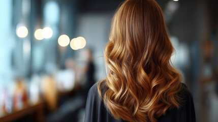 Fototapeta premium Close up back view of head showcasing freshly applied multi toned highlights individual blonde and caramel strands visible with dimensional color modern salon environment with