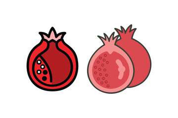 Stylized illustration of two pomegranates one whole and one cut open