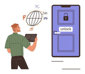 Man holding tablet with global network icons including airplane, truck, and 247 clock. Door with lock symbolizing security and access. Ideal for tech, logistics, global connectivity, innovation