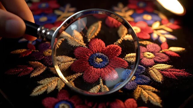 A magnifying glass examines intricate, colorful floral embroidery stitches on dark fabric, revealing fine detail.