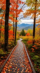 Autumn path through the forest with colorful foliage and mountain view