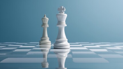 Fototapeta premium White King and Queen Chess Pieces on Reflective Board