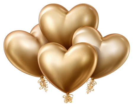Romantic group of shiny gold heart balloons for festive party or celebration. This elegant bunch of golden hearts expresses love, joy and happiness as beautiful decoration